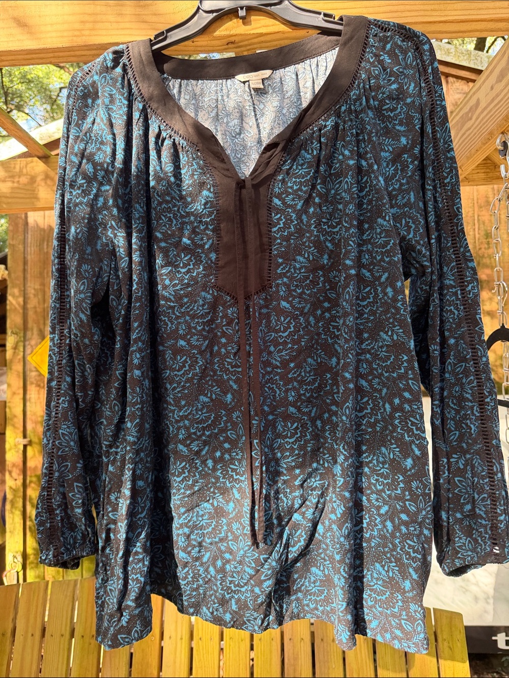 Women’s Long-Sleeve Floral Peasant Blouse in Teal and Black Cato 26/28w